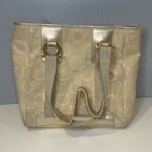 Ferragamo Beige Gancini Leather Tote Bag